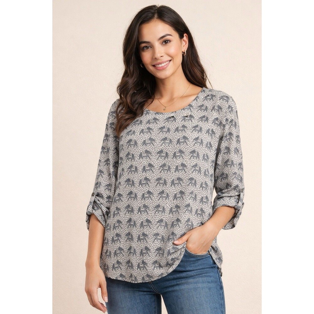 Pixley Elephant Print Blouse Medium Gray Roll Tab Sleeve Boho Top